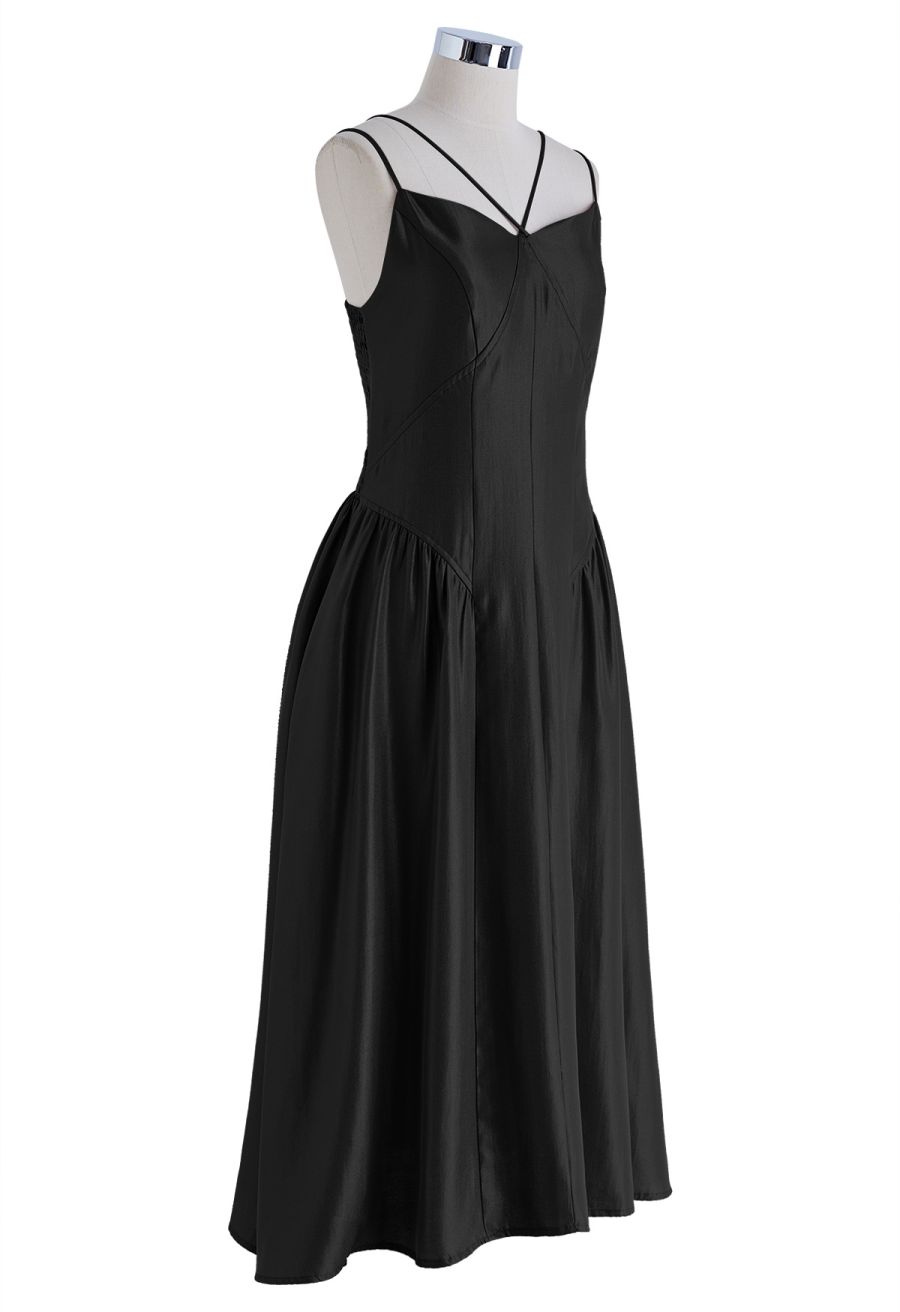 Glossy Double Strings Cami Dress in Black