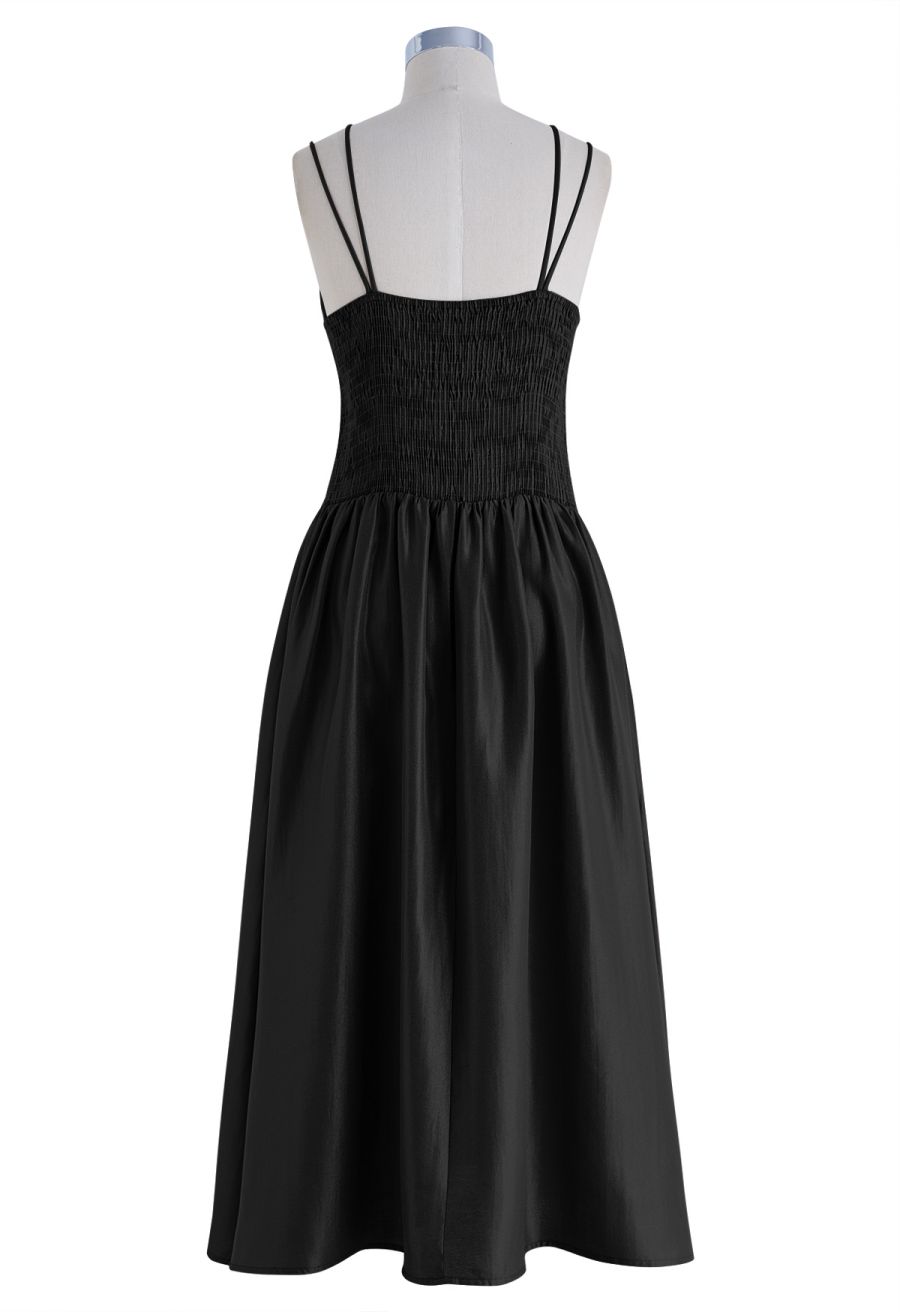Glossy Double Strings Cami Dress in Black