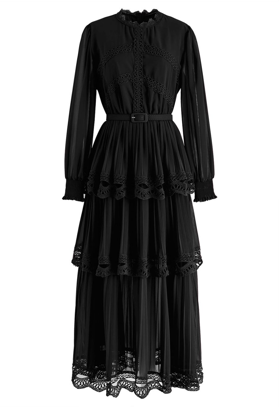 Crochet Lace Pleated Tiered Chiffon Maxi Dress in Black