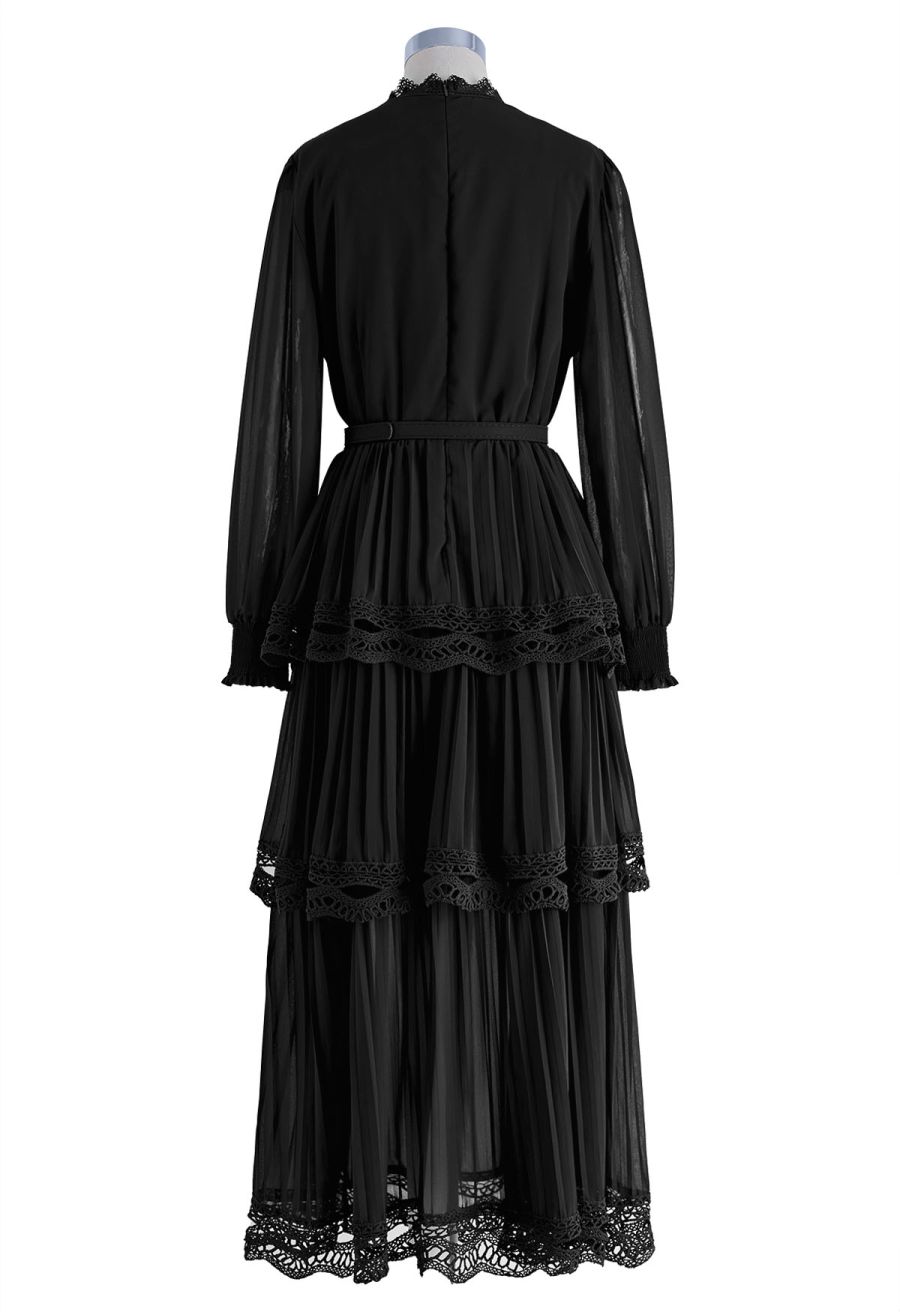 Crochet Lace Pleated Tiered Chiffon Maxi Dress in Black