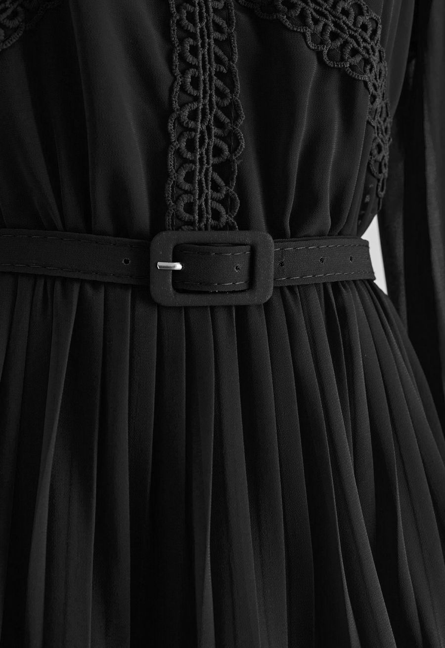 Crochet Lace Pleated Tiered Chiffon Maxi Dress in Black