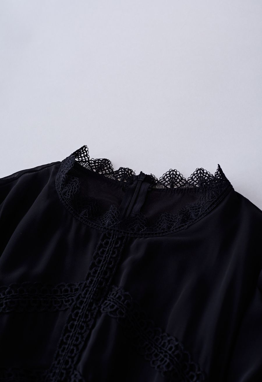 Crochet Lace Pleated Tiered Chiffon Maxi Dress in Black