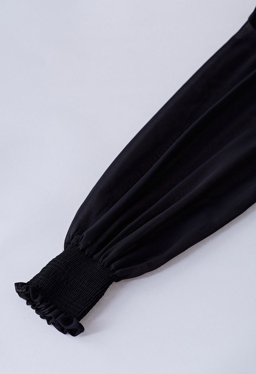 Crochet Lace Pleated Tiered Chiffon Maxi Dress in Black
