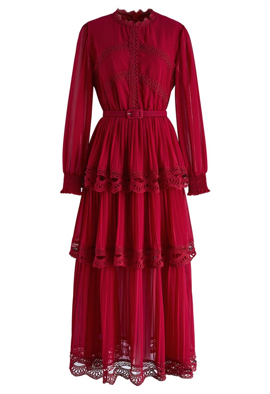 Crochet Lace Pleated Tiered Chiffon Maxi Dress in Red