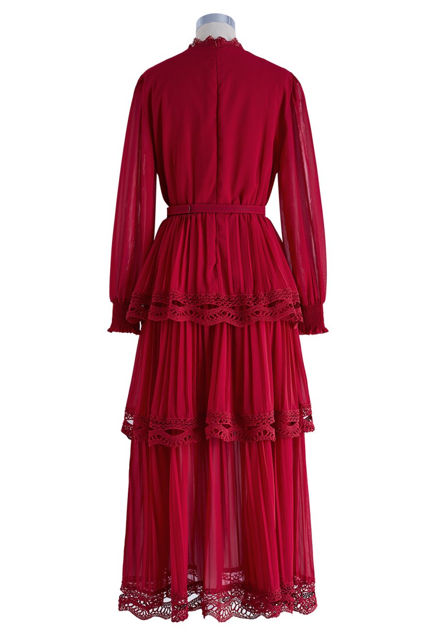 Crochet Lace Pleated Tiered Chiffon Maxi Dress in Red
