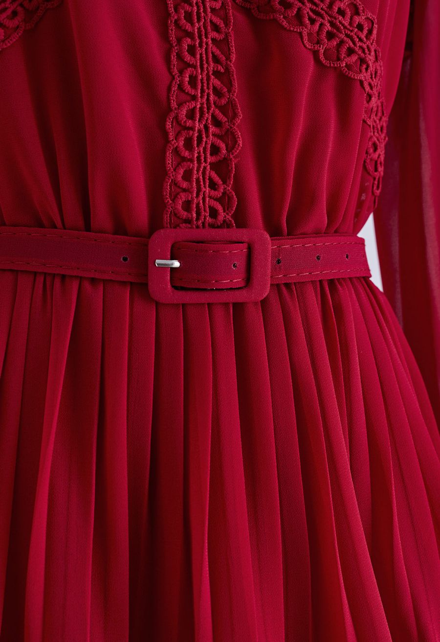 Crochet Lace Pleated Tiered Chiffon Maxi Dress in Red