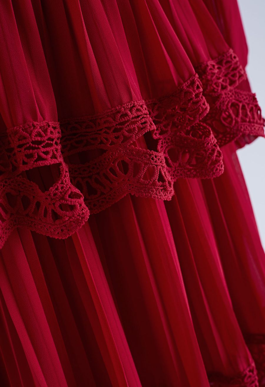 Crochet Lace Pleated Tiered Chiffon Maxi Dress in Red