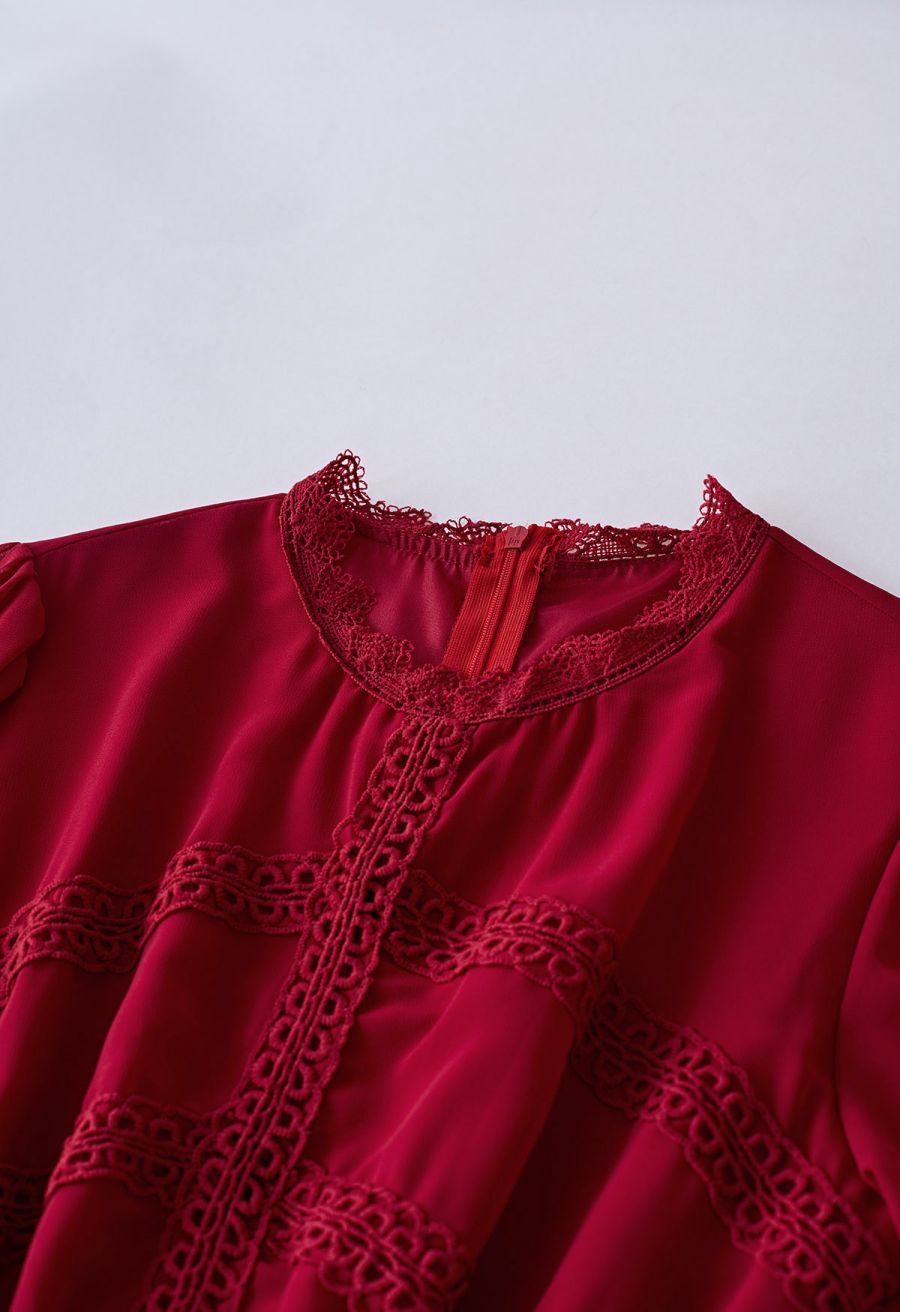 Crochet Lace Pleated Tiered Chiffon Maxi Dress in Red