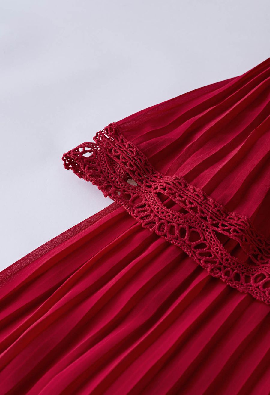 Crochet Lace Pleated Tiered Chiffon Maxi Dress in Red