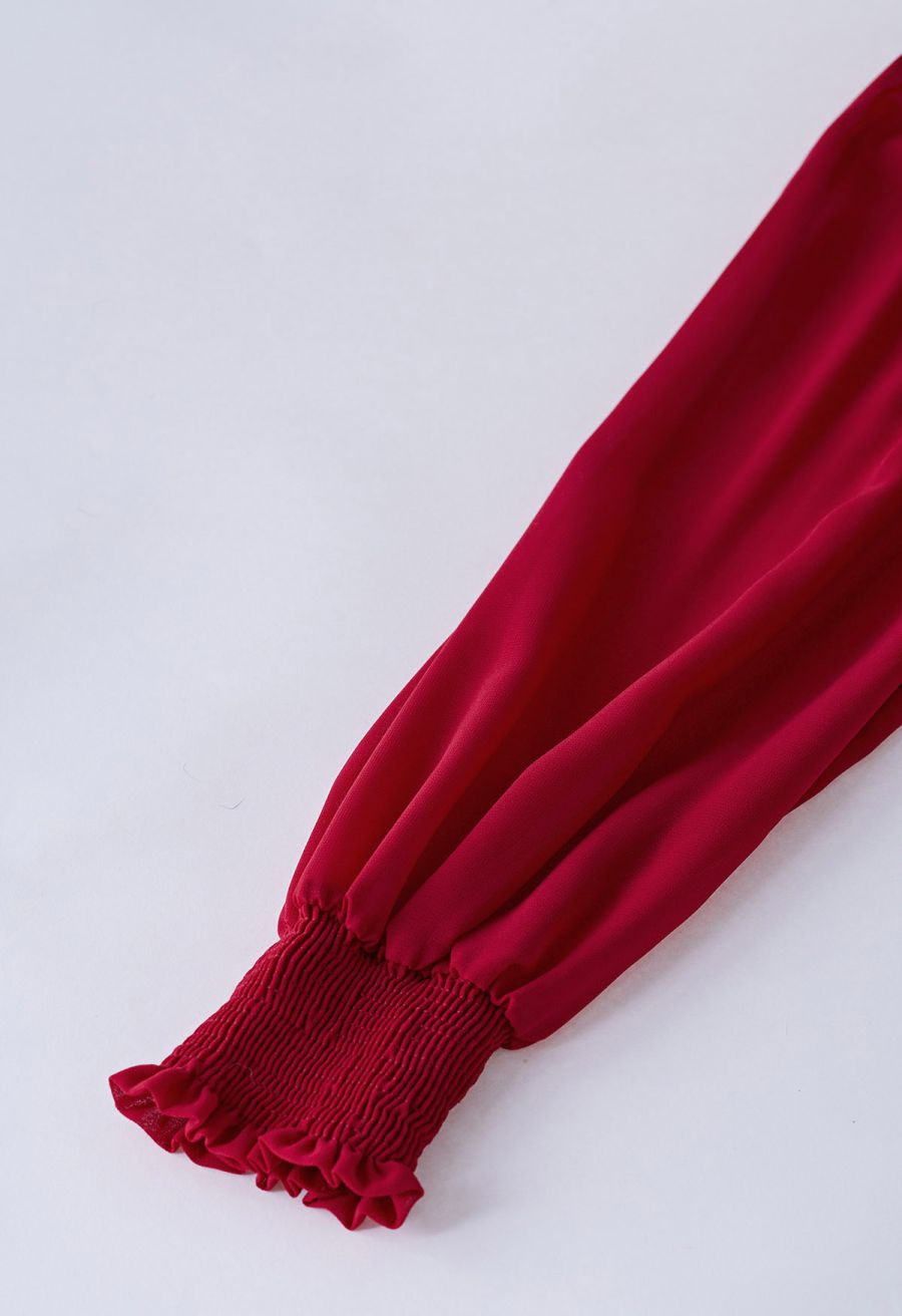 Crochet Lace Pleated Tiered Chiffon Maxi Dress in Red