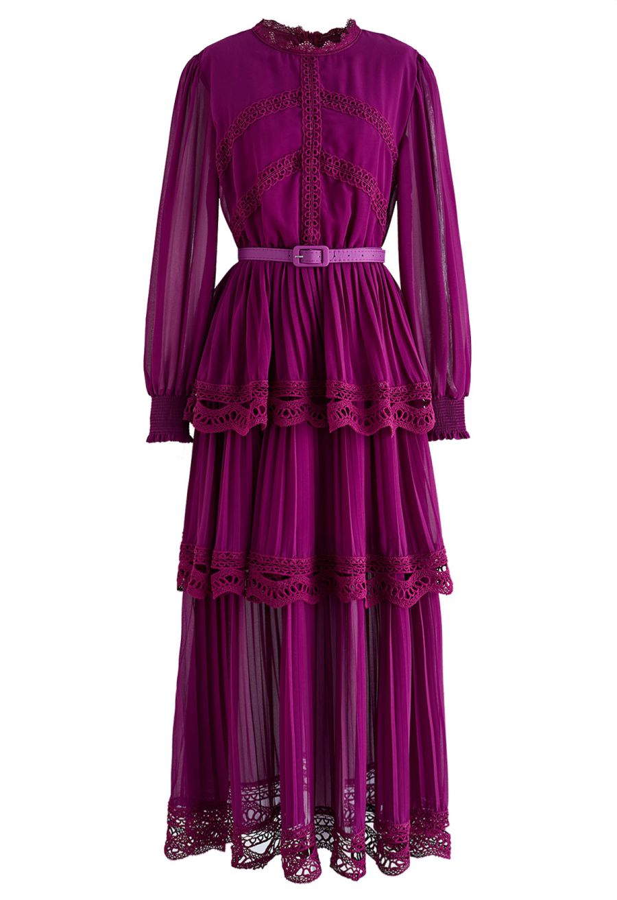Crochet Lace Pleated Tiered Chiffon Maxi Dress in Burgundy