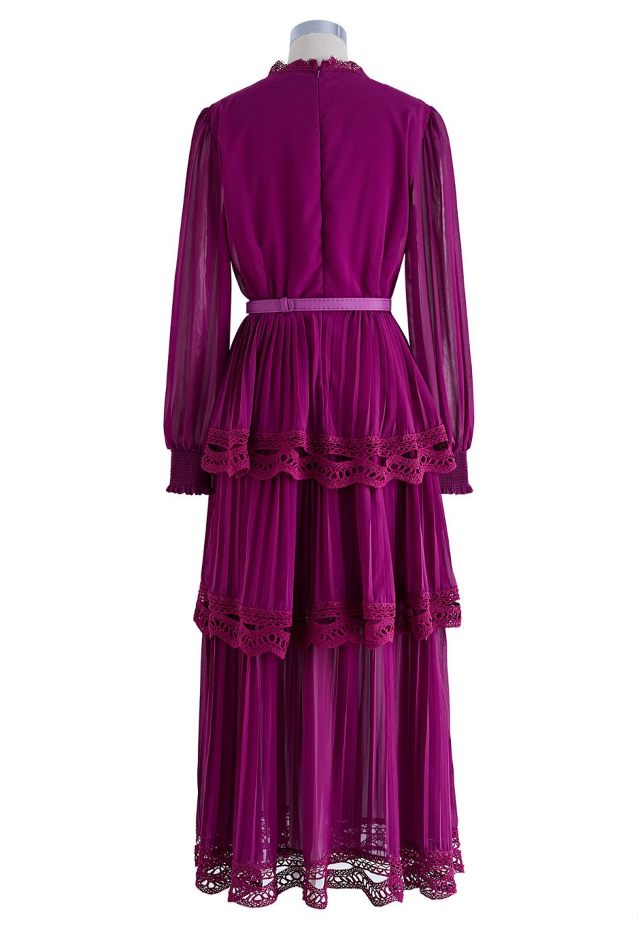 Crochet Lace Pleated Tiered Chiffon Maxi Dress in Burgundy