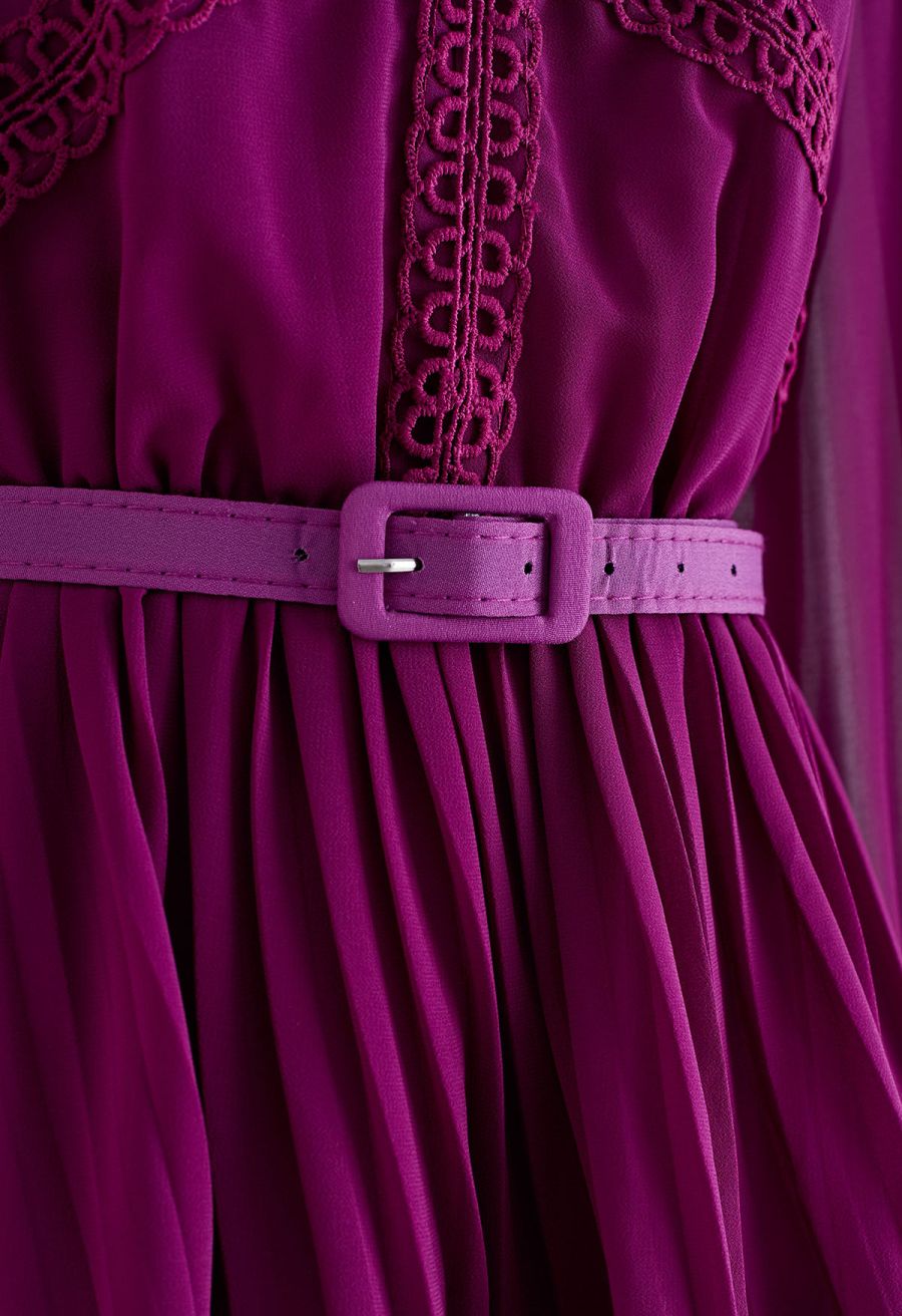 Crochet Lace Pleated Tiered Chiffon Maxi Dress in Burgundy