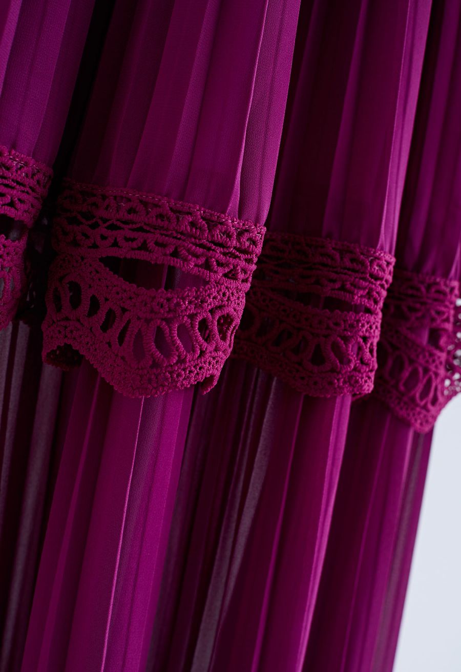 Crochet Lace Pleated Tiered Chiffon Maxi Dress in Burgundy