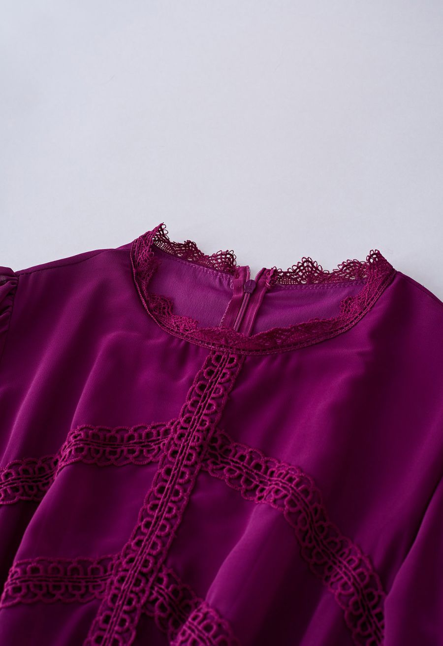 Crochet Lace Pleated Tiered Chiffon Maxi Dress in Burgundy