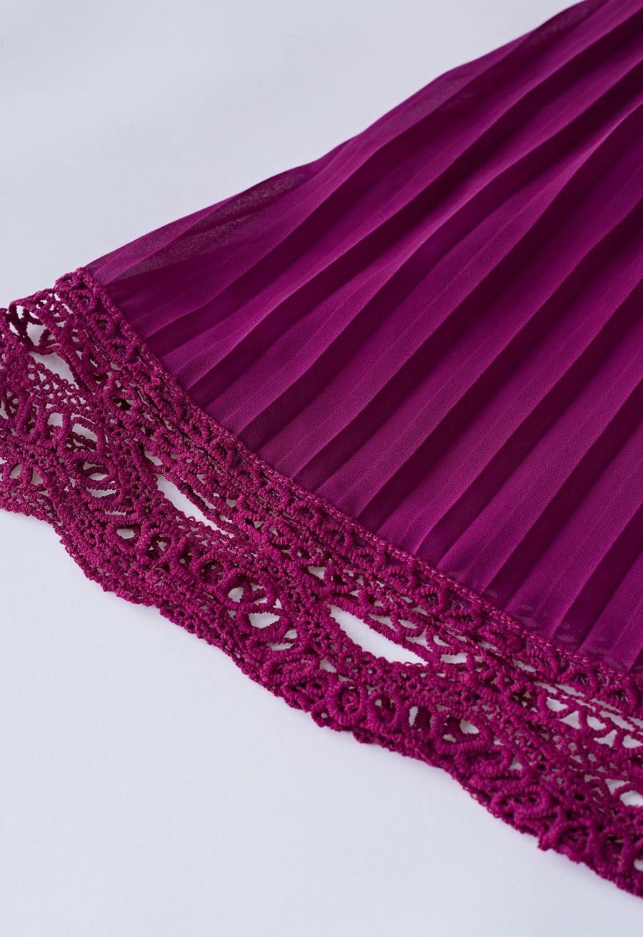 Crochet Lace Pleated Tiered Chiffon Maxi Dress in Burgundy