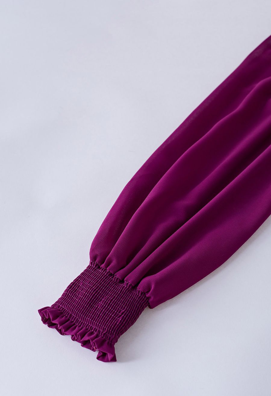 Crochet Lace Pleated Tiered Chiffon Maxi Dress in Burgundy