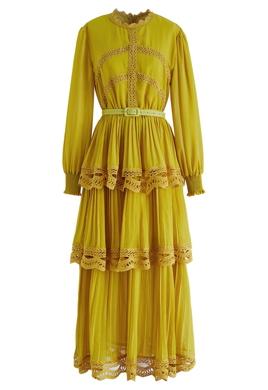 Crochet Lace Pleated Tiered Chiffon Maxi Dress in Yellow