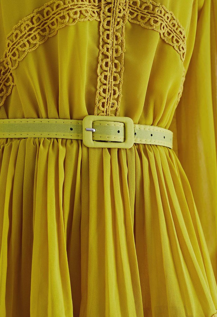 Crochet Lace Pleated Tiered Chiffon Maxi Dress in Yellow