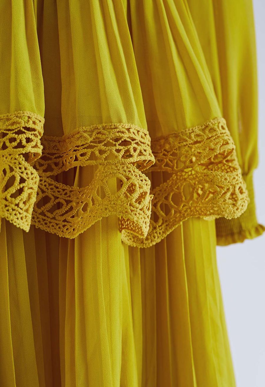 Crochet Lace Pleated Tiered Chiffon Maxi Dress in Yellow