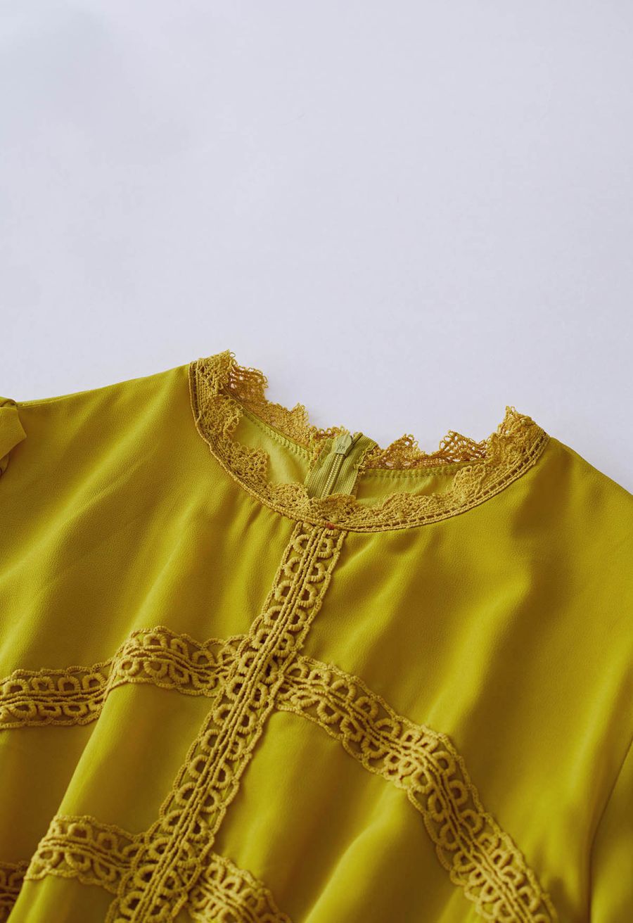Crochet Lace Pleated Tiered Chiffon Maxi Dress in Yellow