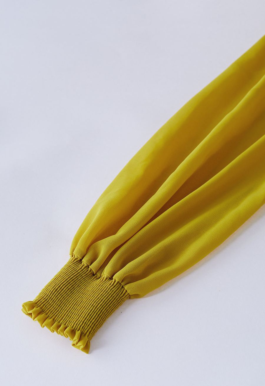 Crochet Lace Pleated Tiered Chiffon Maxi Dress in Yellow