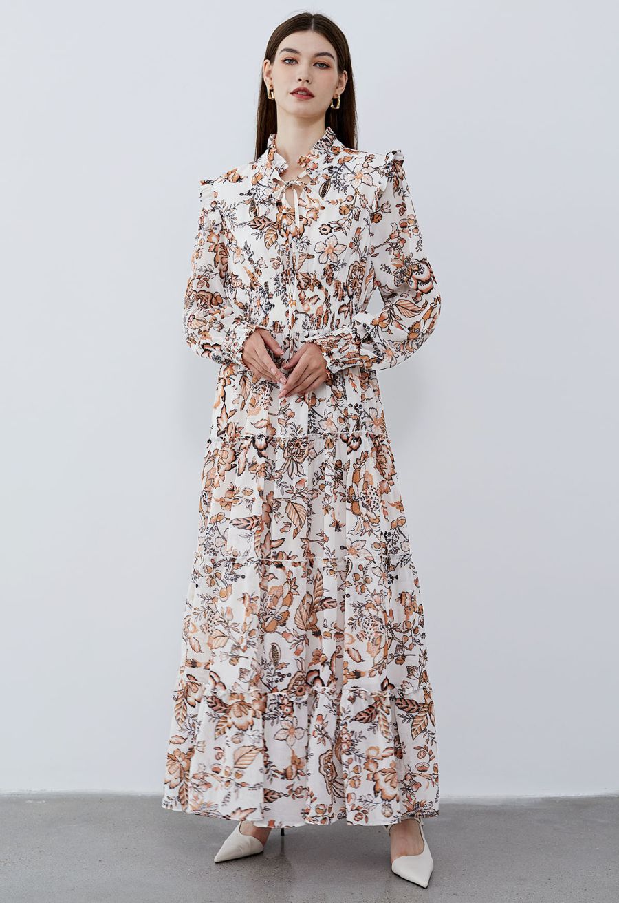 Darling Autumn Scenery Tie Neck Maxi Dress