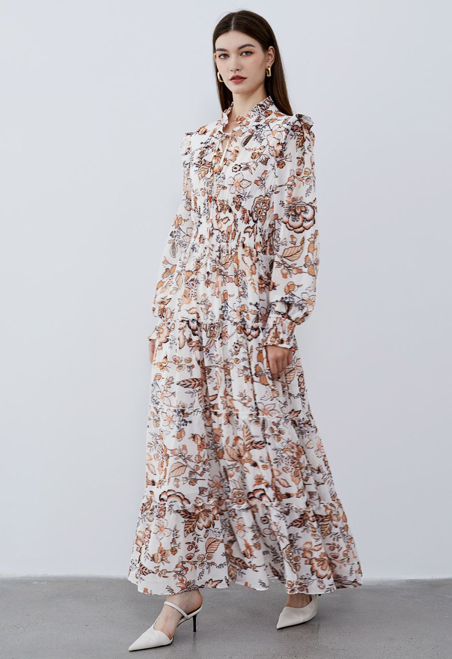 Darling Autumn Scenery Tie Neck Maxi Dress