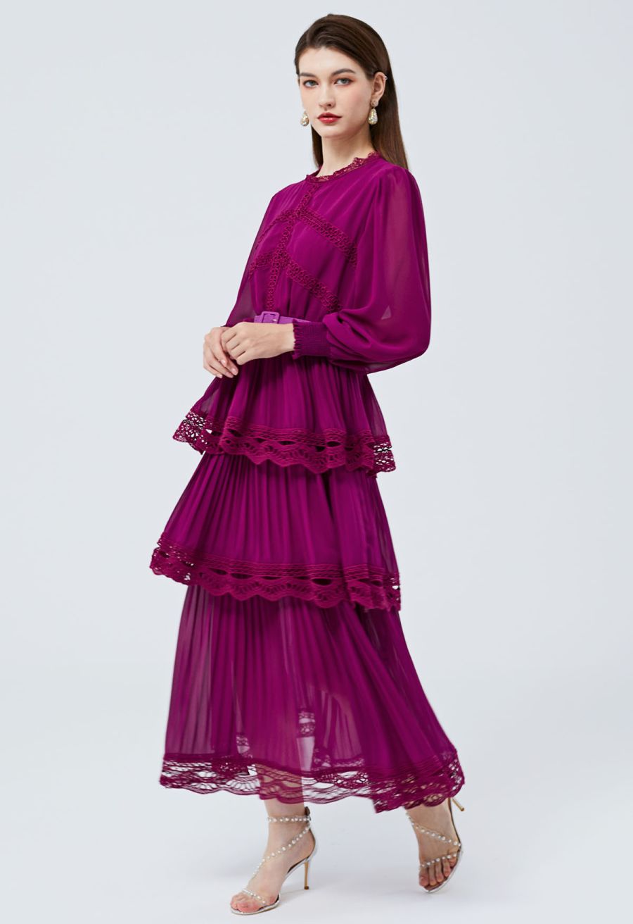 Crochet Lace Pleated Tiered Chiffon Maxi Dress in Burgundy