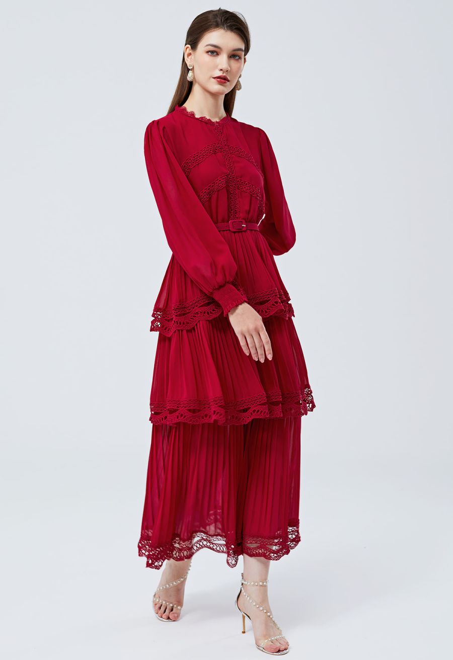 Crochet Lace Pleated Tiered Chiffon Maxi Dress in Red