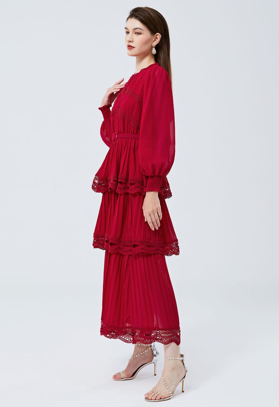 Crochet Lace Pleated Tiered Chiffon Maxi Dress in Red