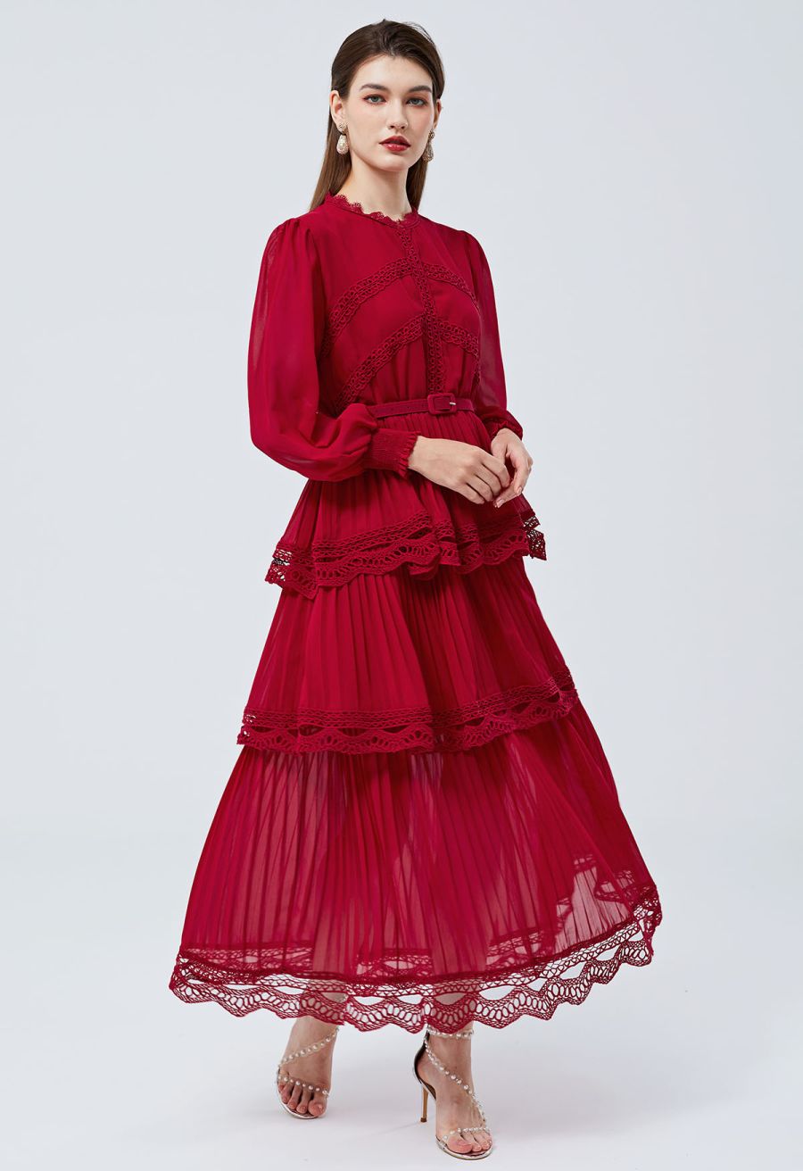 Crochet Lace Pleated Tiered Chiffon Maxi Dress in Red
