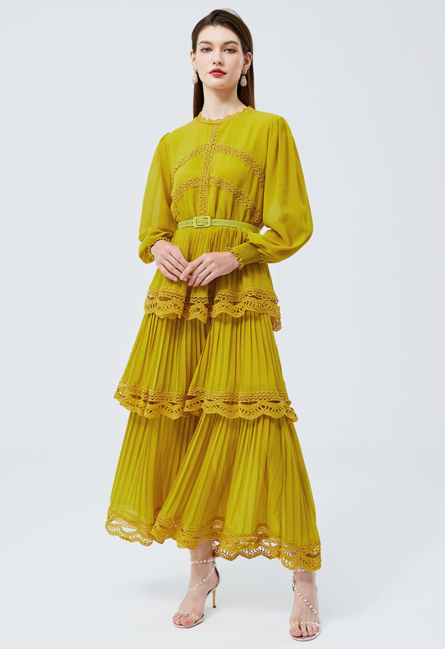 Crochet Lace Pleated Tiered Chiffon Maxi Dress in Yellow
