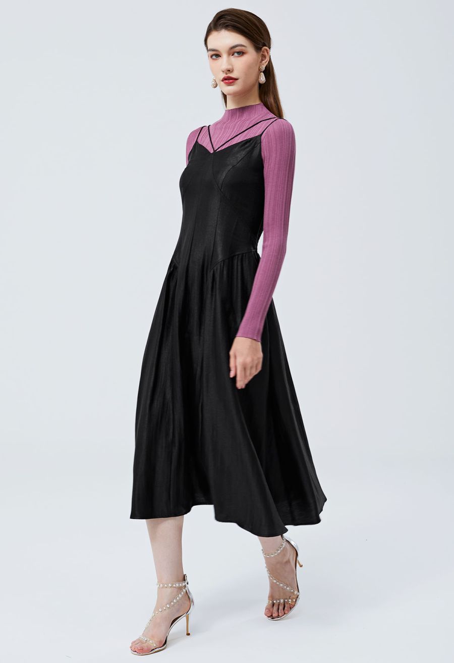 Glossy Double Strings Cami Dress in Black