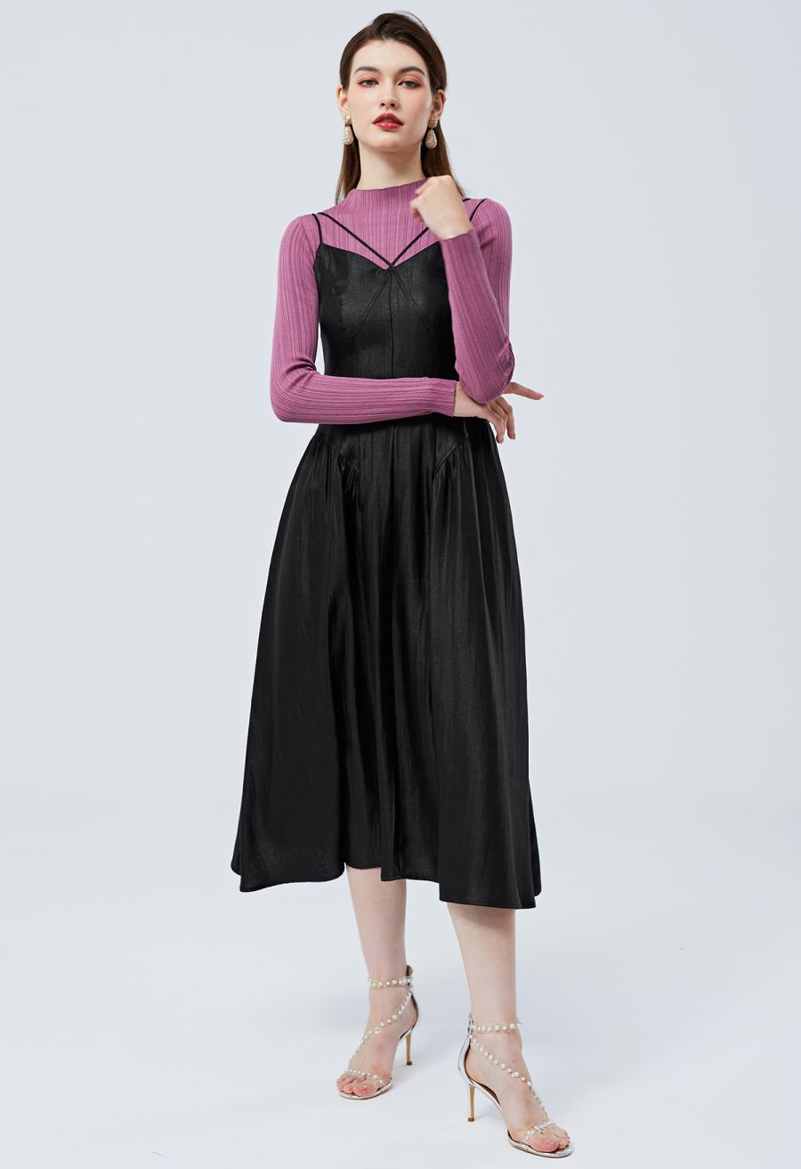 Glossy Double Strings Cami Dress in Black