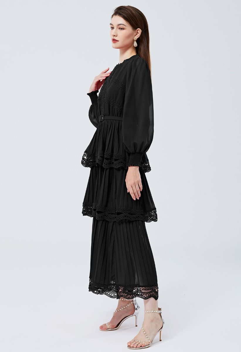 Crochet Lace Pleated Tiered Chiffon Maxi Dress in Black
