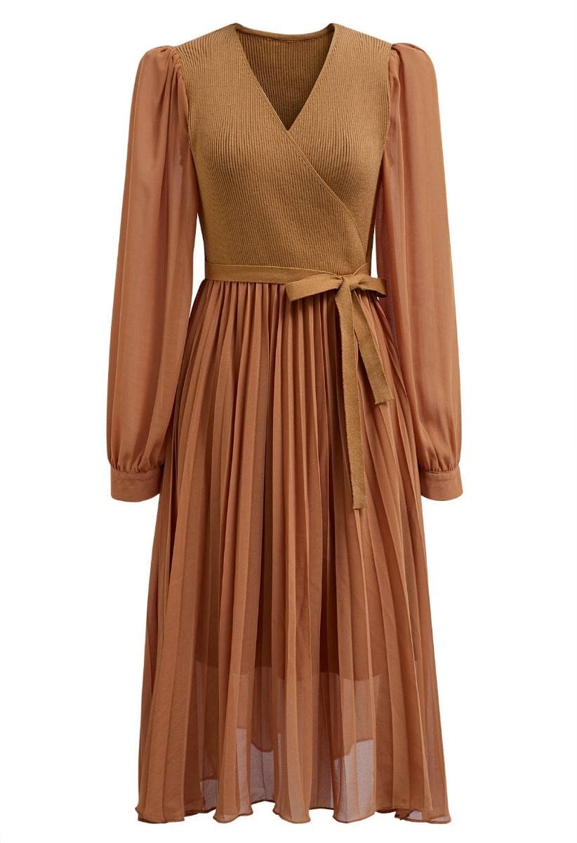 Knit Spliced Self-Tie Pleated Wrap Midi Dress in Caramel