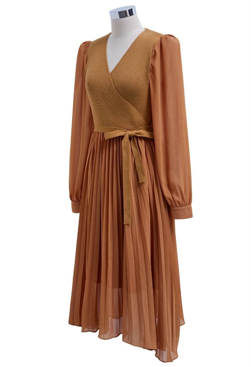 Knit Spliced Self-Tie Pleated Wrap Midi Dress in Caramel
