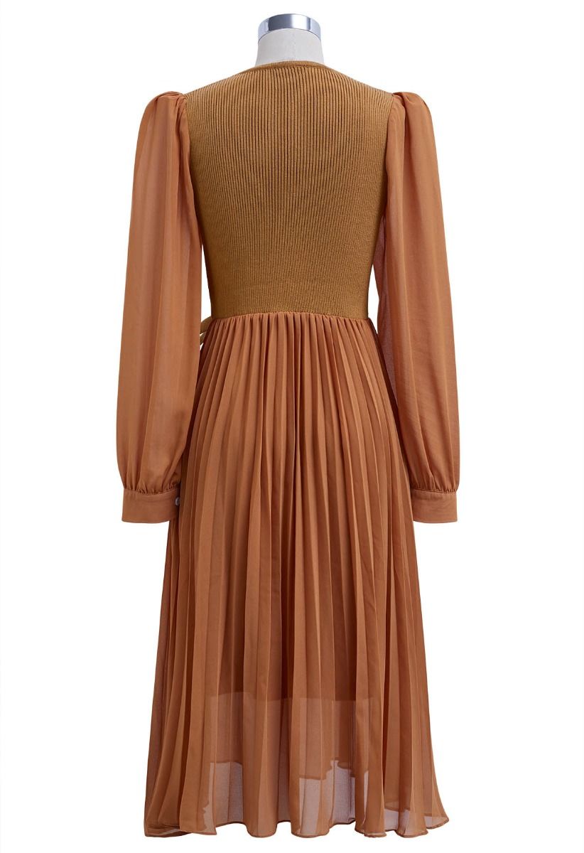 Knit Spliced Self-Tie Pleated Wrap Midi Dress in Caramel