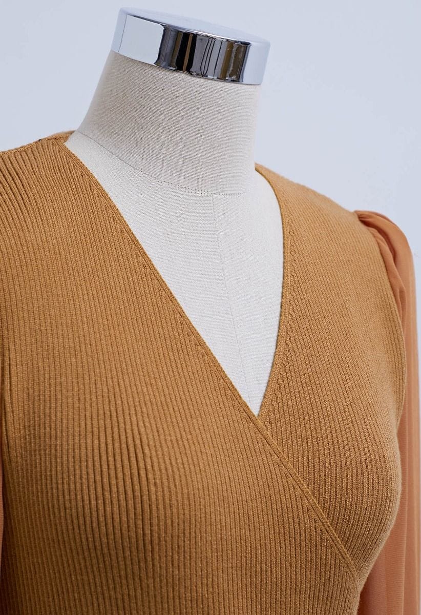 Knit Spliced Self-Tie Pleated Wrap Midi Dress in Caramel