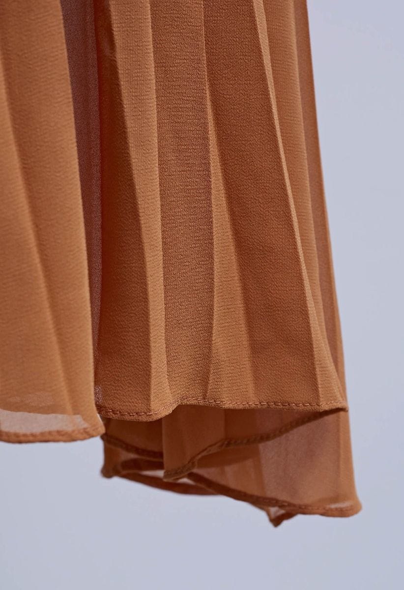 Knit Spliced Self-Tie Pleated Wrap Midi Dress in Caramel