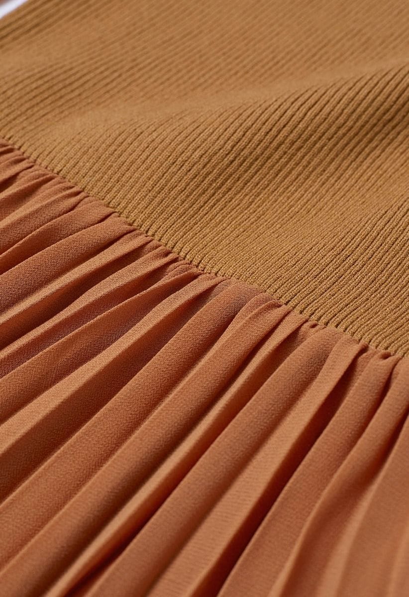 Knit Spliced Self-Tie Pleated Wrap Midi Dress in Caramel