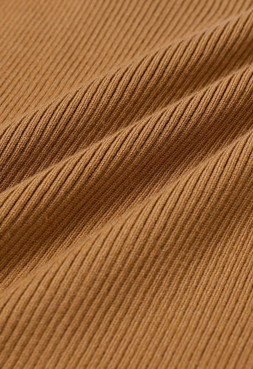 Knit Spliced Self-Tie Pleated Wrap Midi Dress in Caramel