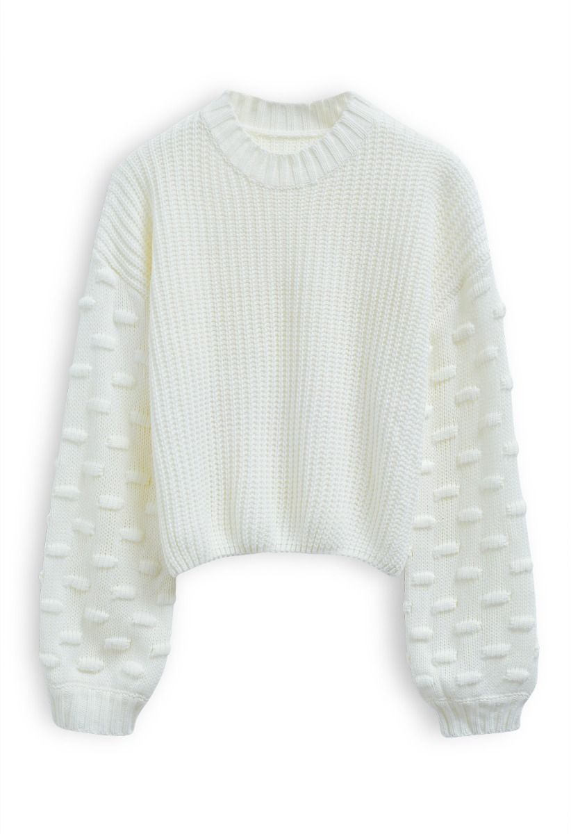Playful Dotted Puff Sleeve Crop Sweater in White