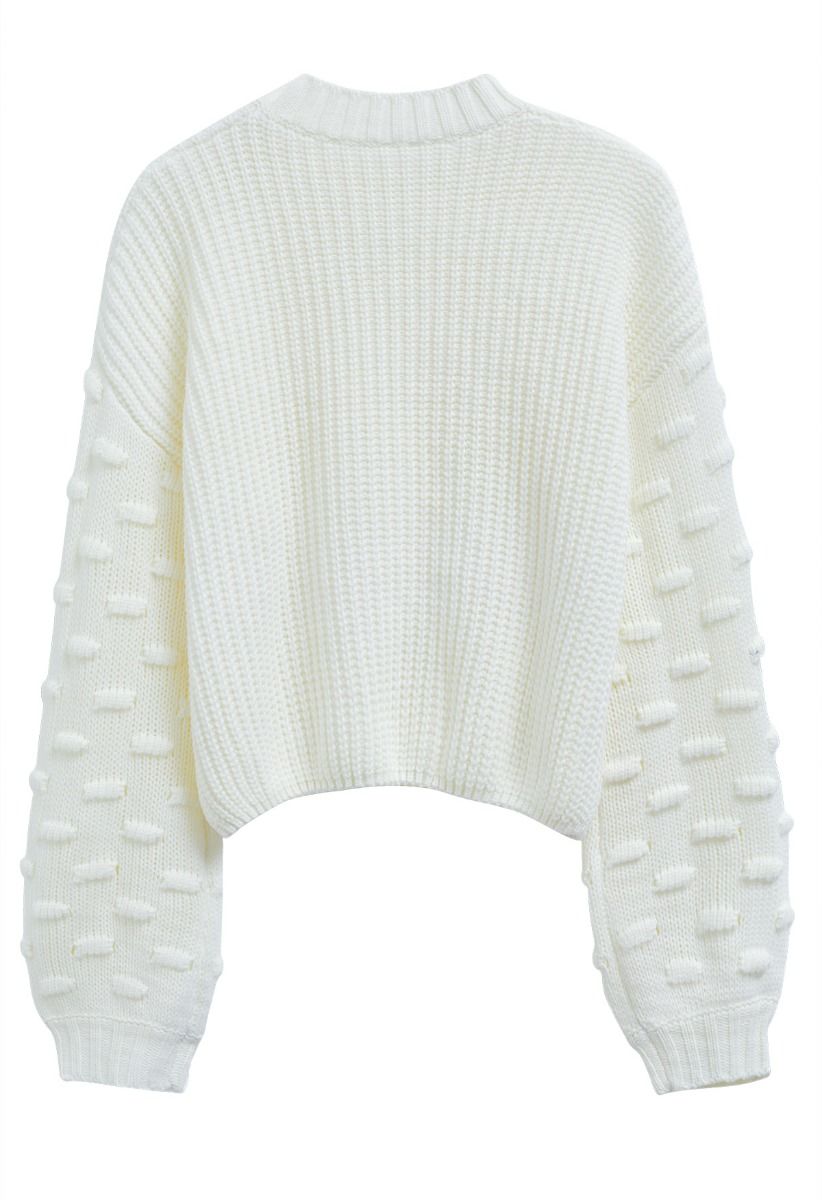 Playful Dotted Puff Sleeve Crop Sweater in White