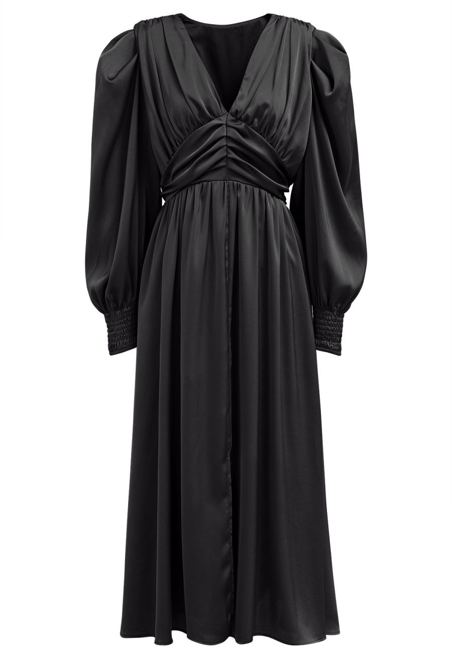 V-Neck Puff Sleeves Ruched Midi Dress in Black