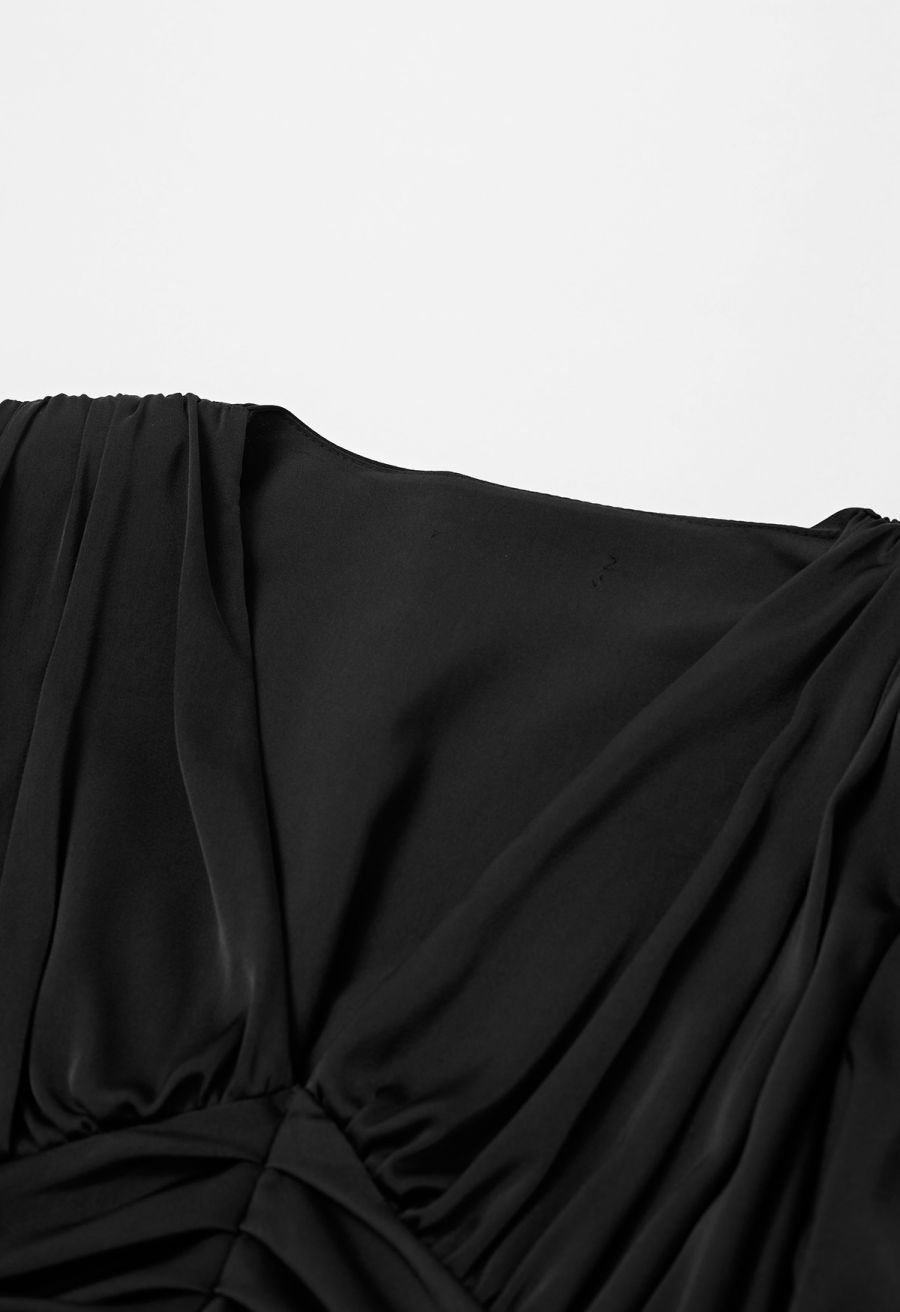 V-Neck Puff Sleeves Ruched Midi Dress in Black