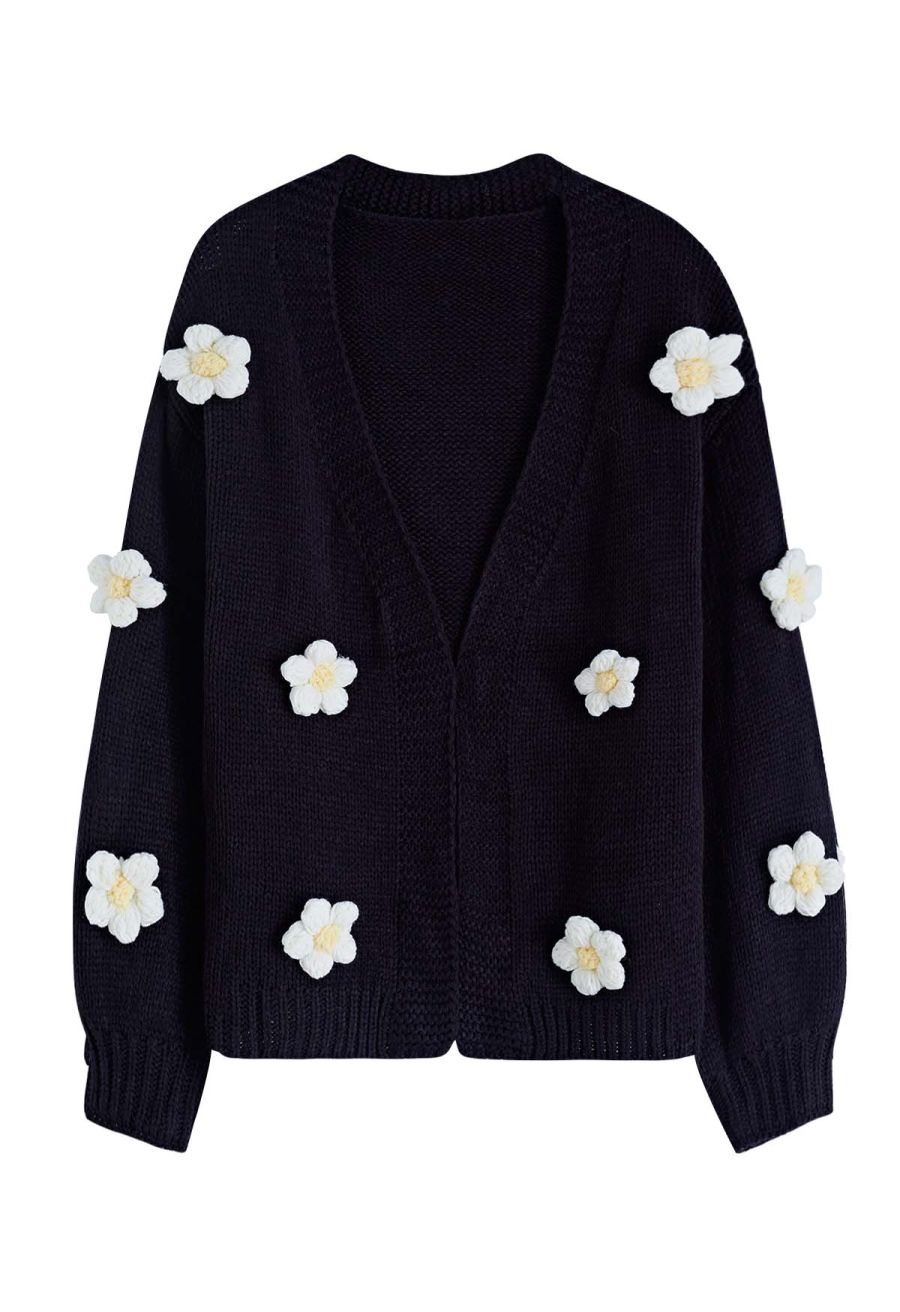 3D Stitch Flower Open Front Knit Cardigan in Black