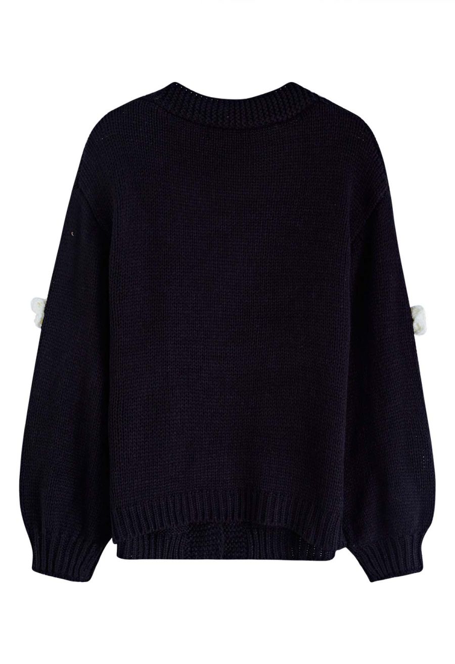 3D Stitch Flower Open Front Knit Cardigan in Black