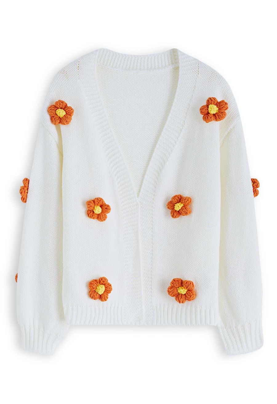 3D Stitch Flower Open Front Knit Cardigan in White